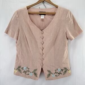 Skirt Suit 8 Vintage Linen Set Church 2 Piece Pink Floral Top Cottage Minimal